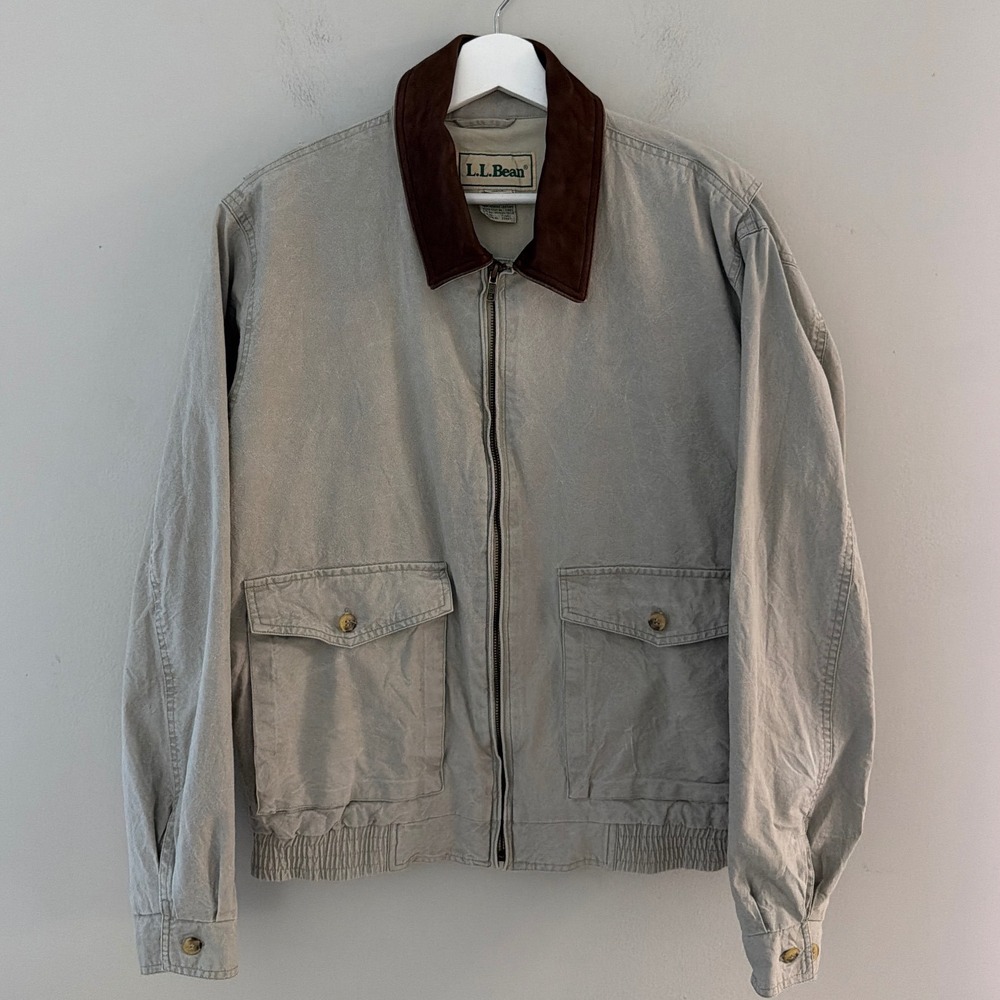 LL Bean Vintage Mens Medium Khaki Cotton Bomber Jacket Leather Collar C980 Tan